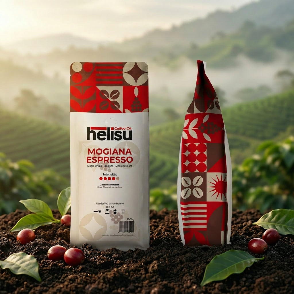Mogiana Espresso Kaffeebeutel von HELISU vor brasilianischer Kaffeeplantage